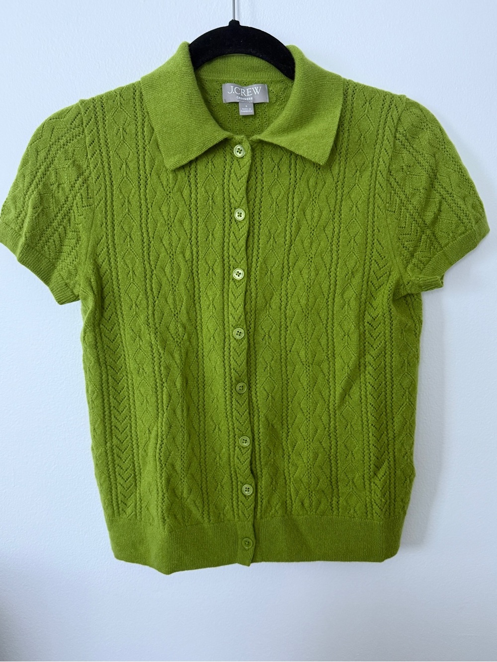 J. Crew Lime Green Short-Sleeve cashmere Cable Cardigan